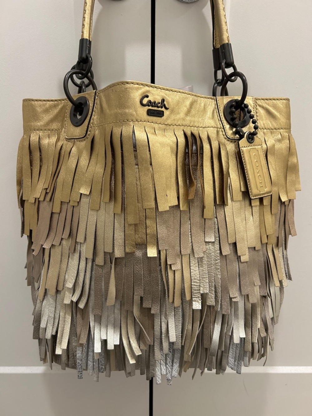 Coach Madison XL Metallic Leather Fringe Tote